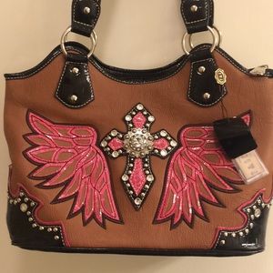 Brown and pink pu leather handbag. PG collection